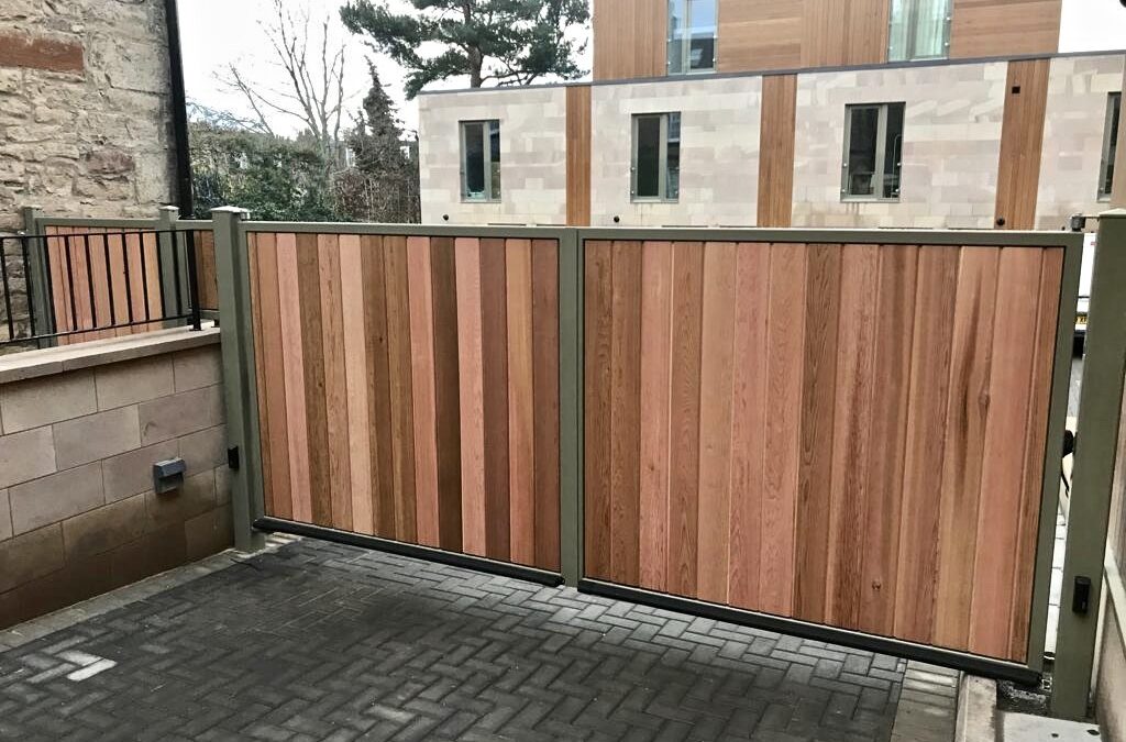 New Automatic Steel Framed Wooden Clad Swing Gate With Matching Pedestrian Gate, Edinburgh – For MNM Developments
