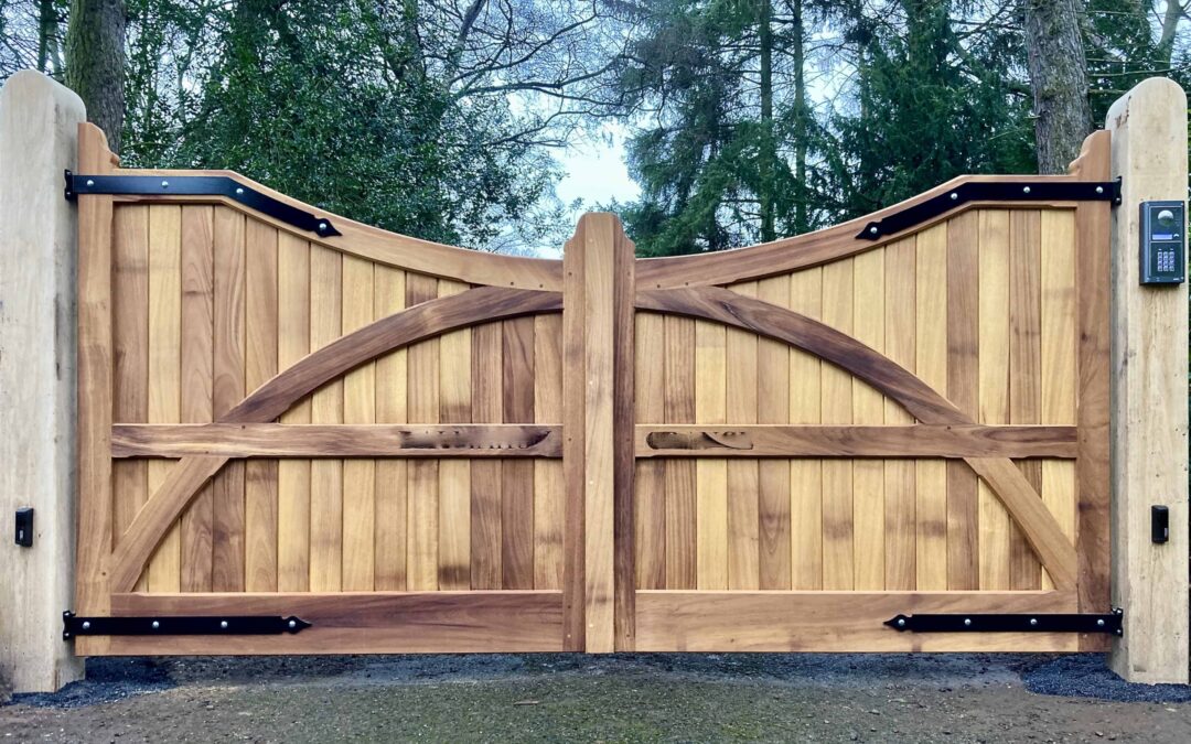 New Automatic Engraved Iroko Gates With Oak Posts Edinburgh