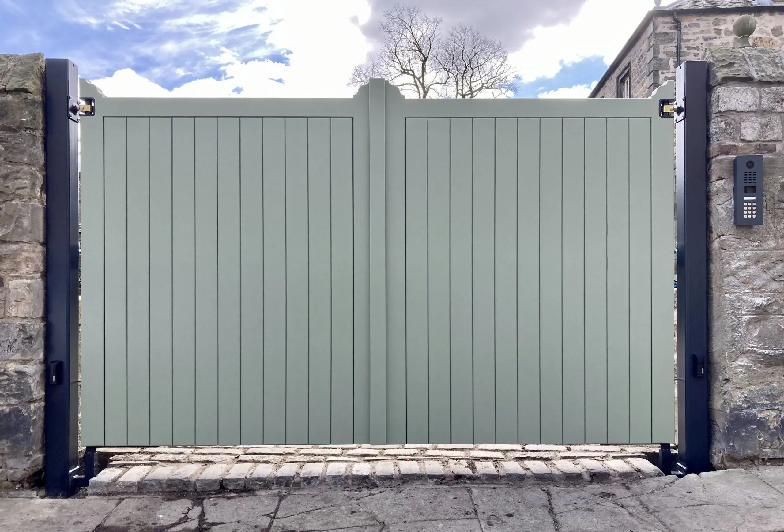 A pair of premium hardwood electric gates installed at a residential property in Edinburgh
