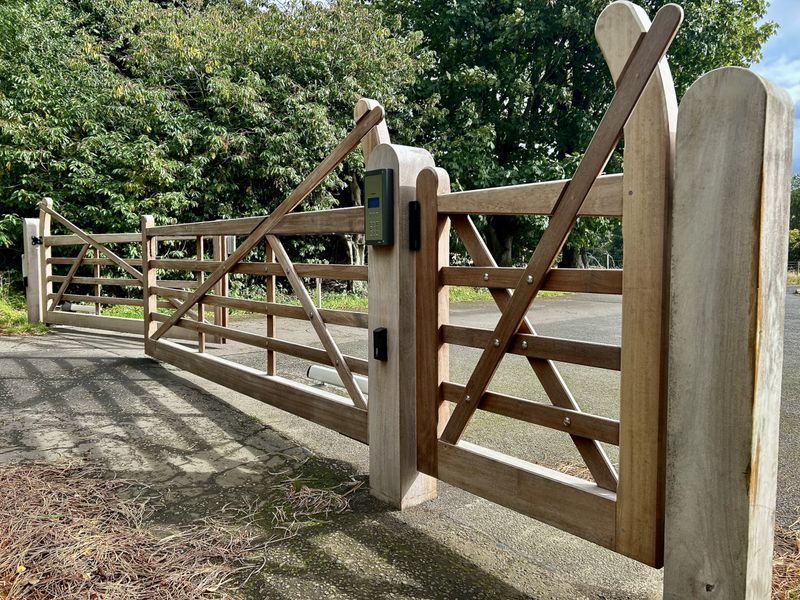 Handcrafted Iroko 5-Bar Estate Gates with Automatic Access Control in Edinburgh